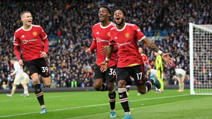 Fred celebrates with Anthony Elanga and Scott McTominay of Manchester United after scoring their team's third goal during the Premier League match between Leeds United and Manchester United at Elland Road on February 20, 2022 Image credit: Getty Images Fred celebrates with Anthony Elanga and Scott McTominay of Manchester United after scoring their team's third goal during the Premier League match between Leeds United and Manchester United at Elland Road on February 20, 2022 Image credit: Getty Images