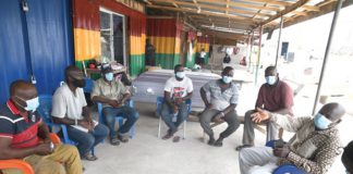 Mr Emmanuel K.E. Appoh (right), acting Director of Environmental Quality of the EPA, addressing the executive of the Korle Bu Coffin Makers Association. Picture: Emmanuel Quaye