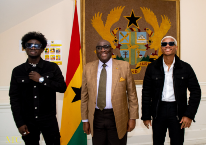 Musicians KiDi and Kuami Eugene have paid a courtesy call on Ghana’s High Commissioner to the UK and Ireland, Papa Owusu-Ankomah Friday, February 25. Musicians KiDi and Kuami Eugene have paid a courtesy call on Ghana’s High Commissioner to the UK and Ireland, Papa Owusu-Ankomah Friday, February 25.