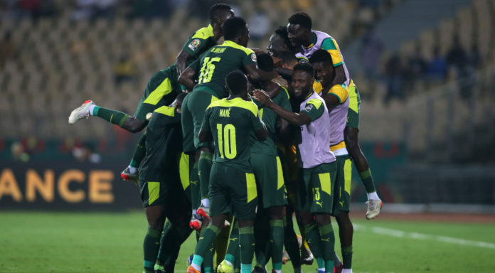 Senegal celebrate Abdou Lakhad Diallo of Senegal opening goal during the 2021 Africa Cup of Nations Afcon Finals Semifinal match between Burkina Faso and Senegal held at Ahmadou Ahidjo Stadium in Yaounde, Cameroon on 02 February 2022 ©Shaun Roy/BackpagePix Senegal celebrate Abdou Lakhad Diallo of Senegal opening goal during the 2021 Africa Cup of Nations Afcon Finals Semifinal match between Burkina Faso and Senegal held at Ahmadou Ahidjo Stadium in Yaounde, Cameroon on 02 February 2022 ©Shaun Roy/BackpagePix