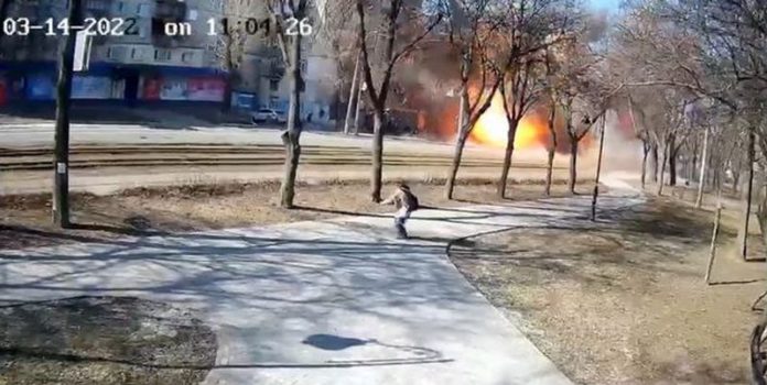 The missile destroyed a tram and partially hit a residential building ( Image: APonomarenko/Twitter) The missile destroyed a tram and partially hit a residential building ( Image: APonomarenko/Twitter)
