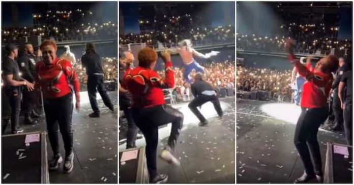 Burna Boy's mum Bose Ogulu wows fans with her dance moves on stage in Ireland. Source: Instagram Burna Boy's mum Bose Ogulu wows fans with her dance moves on stage in Ireland. Source: Instagram