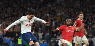 Tottenham's Son Heung-Min (L) in action against Manchester United's Aaron Wan-Bissaka (R) during the English Premier League soccer match between Tottenham Hotspur and Manchester United in London, Britain, 30 October 2021. EPA/ANDY RAIN EDITORIAL USE ONLY. No use with unauthorized audio, video, data, fixture lists, club/league logos or 'live' services. Online in-match use limited to 120 images, no video emulation. No use in betting, games or single club/league/player publications