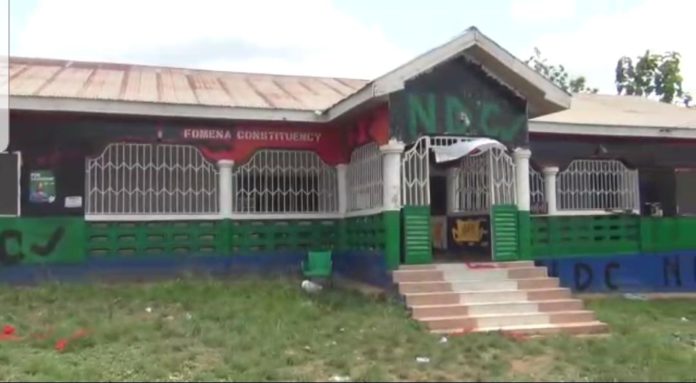 Angry Fomena NPP paint party office with NDC colours, Mahama's posters