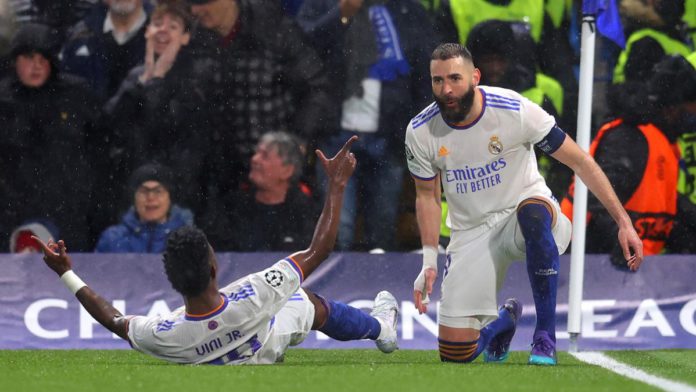 Karim Benzema of Real Madrid celebrates after scoring their team's second goal during the UEFA Champions League Quarter Final Leg One match between Chelsea FC and Real Madrid at Stamford Bridge on April 06, 2022 in London, England Image credit: Getty Images Karim Benzema of Real Madrid celebrates after scoring their team's second goal during the UEFA Champions League Quarter Final Leg One match between Chelsea FC and Real Madrid at Stamford Bridge on April 06, 2022 in London, England Image credit: Getty Images