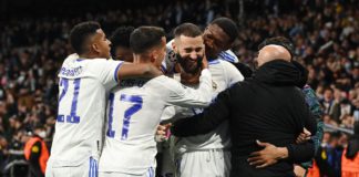 MADRID, SPAIN - APRIL 12: Karim Benzema of Real Madrid celebrates with teammates after scoring their team's second goal during the UEFA Champions League Quarter Final Leg Two match between Real Madrid and Chelsea FC at Estadio Santiago Bernabeu on April 1 Image credit: Getty Images