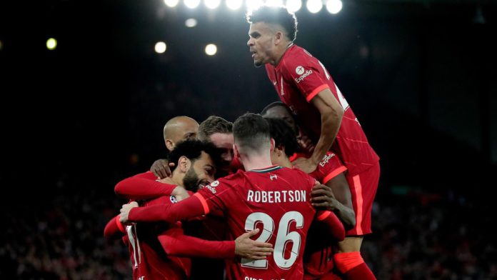 Andy Robertson, Luis Diaz, Ibrahima Konate of Liverpool celebrate during the UEFA Champions League semi-final first leg match between Liverpool and Villarreal at Anfield Image credit: Getty Images Andy Robertson, Luis Diaz, Ibrahima Konate of Liverpool celebrate during the UEFA Champions League semi-final first leg match between Liverpool and Villarreal at Anfield Image credit: Getty Images