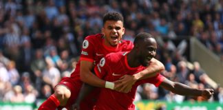 Naby Keita of Liverpool celebrates scoring the opening goal with team-mate Luis Diaz during the Premier League match between Newcastle United and Liverpool at St. James' Park Image credit: Getty Images