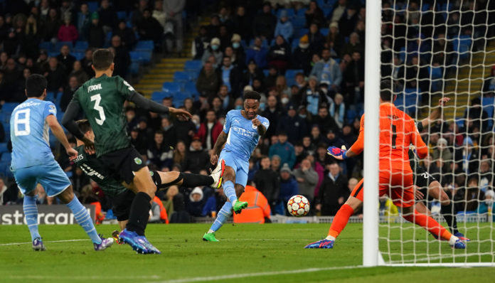 Manchester City's Raheem Sterling misses a chance on goal during the UEFA Champions League round of sixteen second leg match at the Etihad Stadium, Manchester. Picture date: Wednesday March 9, 2022. Manchester City's Raheem Sterling misses a chance on goal during the UEFA Champions League round of sixteen second leg match at the Etihad Stadium, Manchester. Picture date: Wednesday March 9, 2022.