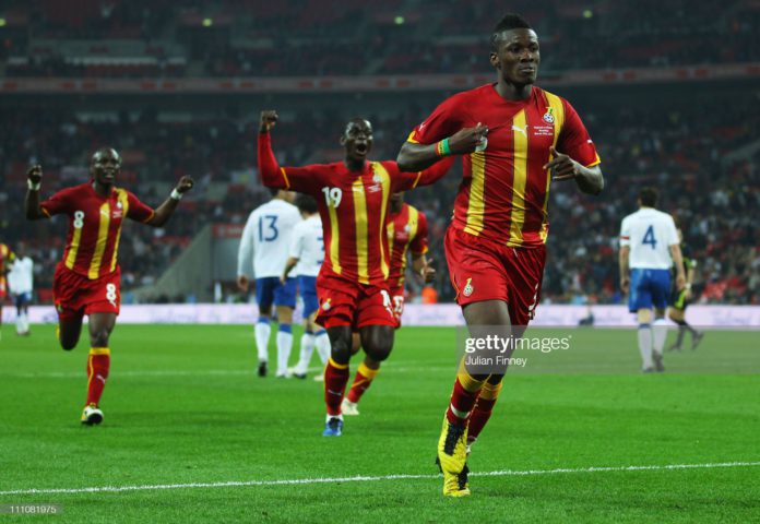LONDON, ENGLAND - MARCH 29: Asamoah Gyan (R) of Ghana celebrates after he scores the equalising goal during the international friendly match between England and Ghana at Wembley Stadium on March 29, 2011 in London, England. (Photo by Julian Finney/Getty Images) LONDON, ENGLAND - MARCH 29: Asamoah Gyan (R) of Ghana celebrates after he scores the equalising goal during the international friendly match between England and Ghana at Wembley Stadium on March 29, 2011 in London, England. (Photo by Julian Finney/Getty Images)