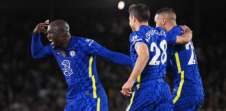 Romelu Lukaku of Chelsea celebrates after scoring their side's third goal with Hakim Ziyech during the Premier League match between Leeds United and Chelsea at Elland Road on May 11, 2022 in Leeds, England. (Photo by Stu Forster/Getty Images) Image credit: Getty Images