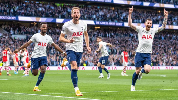 Harry Kane of Tottenham Hotspur celebrates with Pierre-Emile Hojbjerg, Ryan Sessegnon after scoring 2nd goal during the Premier League match between Tottenham Hotspur and Arsenal at Tottenham Hotspur Stadium on May 12, 2022 in London, United Kingdom. Image credit: Getty Images Harry Kane of Tottenham Hotspur celebrates with Pierre-Emile Hojbjerg, Ryan Sessegnon after scoring 2nd goal during the Premier League match between Tottenham Hotspur and Arsenal at Tottenham Hotspur Stadium on May 12, 2022 in London, United Kingdom. Image credit: Getty Images