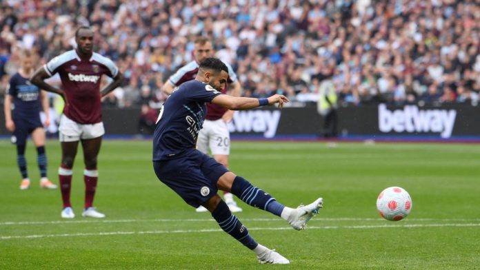 Riyad Mahrez of Manchester City has their penalty saved by Lukasz Fabianski of West Ham United (not pictured) during the Premier League match between West Ham United and Manchester City at London Stadium on May 15, 2022 in London, England. Image credit: Getty Images Riyad Mahrez of Manchester City has their penalty saved by Lukasz Fabianski of West Ham United (not pictured) during the Premier League match between West Ham United and Manchester City at London Stadium on May 15, 2022 in London, England. Image credit: Getty Images
