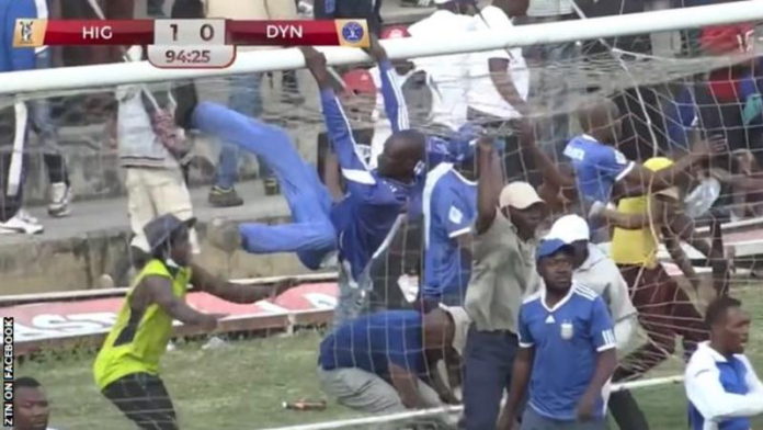 Dynamos fans invaded the pitch and vandalised a goal after Highlanders scored in added time ZTN ON FACEBOOK