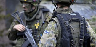 Finnish soldiers seen during military drills in Finland at the start of May (Image: Lehtikuva/AFP via Getty Images)