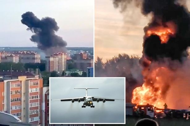The Ilyushin-76 cargo plane was spotted on fire above the Russian city of Ryazan
