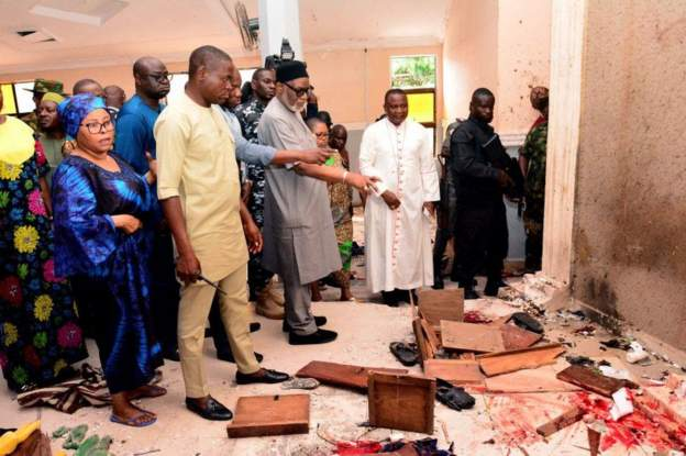 Ondo state Governor Rotimi Akeredolu (3rd L) called the killings a "vile and satanic attack. Credit: AFP Ondo state Governor Rotimi Akeredolu (3rd L) called the killings a "vile and satanic attack. Credit: AFP