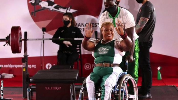 Bose Omolayo holds the para-powerlifting world record in her weight category Bose Omolayo holds the para-powerlifting world record in her weight category