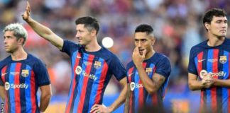 New signings Robert Lewandowski (second left) and Raphinha (second right) are yet to be registered for La Liga