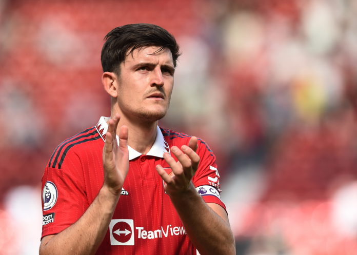 Manchester United's Harry Maguire in action during the English Premier League soccer match between Manchester United and Brighton Hove Albion in Manchester, Britain, 07 August 2022. EPA/Peter Powell EDITORIAL USE ONLY. No use with unauthorized audio, video, data, fixture lists, club/league logos or 'live' services. Online in-match use limited to 120 images, no video emulation. No use in betting, games or single club/league/player publications Manchester United's Harry Maguire in action during the English Premier League soccer match between Manchester United and Brighton Hove Albion in Manchester, Britain, 07 August 2022. EPA/Peter Powell EDITORIAL USE ONLY. No use with unauthorized audio, video, data, fixture lists, club/league logos or 'live' services. Online in-match use limited to 120 images, no video emulation. No use in betting, games or single club/league/player publications