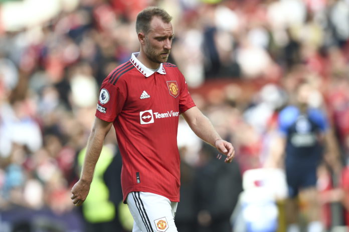 Christian Eriksen of Manchester United reacts after losing the English Premier League soccer match between Manchester United and Brighton Hove Albion in Manchester, Britain, 07 August 2022. EPA/Peter Powell EDITORIAL USE ONLY. No use with unauthorized audio, video, data, fixture lists, club/league logos or 'live' services. Online in-match use limited to 120 images, no video emulation. No use in betting, games or single club/league/player publications Christian Eriksen of Manchester United reacts after losing the English Premier League soccer match between Manchester United and Brighton Hove Albion in Manchester, Britain, 07 August 2022. EPA/Peter Powell EDITORIAL USE ONLY. No use with unauthorized audio, video, data, fixture lists, club/league logos or 'live' services. Online in-match use limited to 120 images, no video emulation. No use in betting, games or single club/league/player publications