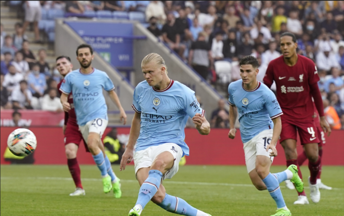 Manchester City's Erling Haaland in action during the FA Community Shield soccer match between Liverpool FC and Manchester City in Leicester, Britain, 30 July 2022. EPA/Andrew Yates EDITORIAL USE ONLY. No use with unauthorized audio, video, data, fixture lists, club/league logos or 'live' services. Online in-match use limited to 120 images, no video emulation. No use in betting, games or single club/league/player publications Manchester City's Erling Haaland in action during the FA Community Shield soccer match between Liverpool FC and Manchester City in Leicester, Britain, 30 July 2022. EPA/Andrew Yates EDITORIAL USE ONLY. No use with unauthorized audio, video, data, fixture lists, club/league logos or 'live' services. Online in-match use limited to 120 images, no video emulation. No use in betting, games or single club/league/player publications