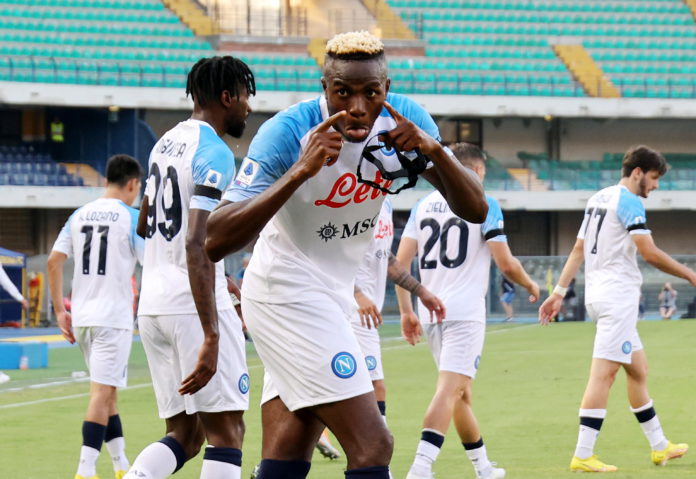 Napoli's Victor Osimhen celebrates scoring the 1-2 lead goal during the Italian Serie A soccer match Hellas Verona vs SSC Napoli in Verona, Italy, 15 August 2022. EPA/FILIPPO VENEZIA Napoli's Victor Osimhen celebrates scoring the 1-2 lead goal during the Italian Serie A soccer match Hellas Verona vs SSC Napoli in Verona, Italy, 15 August 2022. EPA/FILIPPO VENEZIA