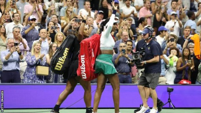 Serena and Venus Williams, pictured walking off Arthur Ashe Stadium after their defeat, have 14 Grand Slam doubles titles together Serena and Venus Williams, pictured walking off Arthur Ashe Stadium after their defeat, have 14 Grand Slam doubles titles together