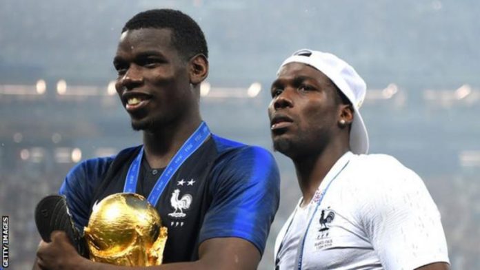 Mathias Pogba, right, joined brother Paul on the pitch to celebrate France's 2018 World Cup win Mathias Pogba, right, joined brother Paul on the pitch to celebrate France's 2018 World Cup win