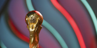 DOHA, QATAR - APRIL 01: The World Cup trophy is seen during rehearsal ahead of the FIFA World Cup Qatar 2022 Final Draw at Doha Exhibition Center on April 01, 2022 in Doha, Qatar. (Photo by Michael Regan - FIFA/FIFA via Getty Images)