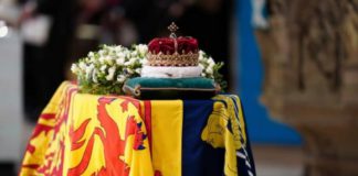 The Queen’s coffin as it lies in rest in St Giles’s Cathedral, Edinburgh (AP)