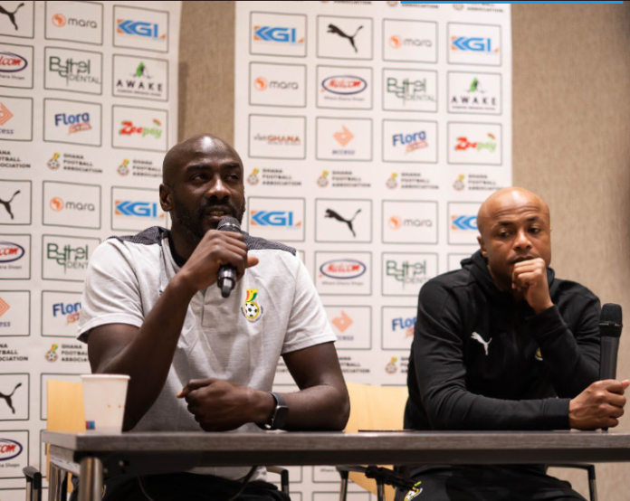Otto Addo with Andre Ayew at a presser Otto Addo with Andre Ayew at a presser