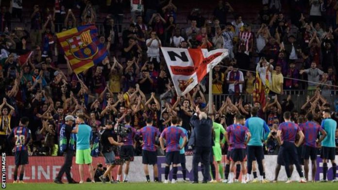 Some Barcelona fans stayed behind after the match to applaud their team Some Barcelona fans stayed behind after the match to applaud their team
