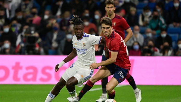 Eduardo Camavinga of Real Madrid battles with Javi Martinez, Real Madrid v Osasuna, La Liga, Santiago Bernaubeu, Madrid, October 27, 2021 Image credit: Getty Images Eduardo Camavinga of Real Madrid battles with Javi Martinez, Real Madrid v Osasuna, La Liga, Santiago Bernaubeu, Madrid, October 27, 2021 Image credit: Getty Images