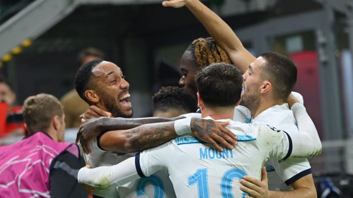 Chelsea's Gabonese striker Pierre-Emerick Aubameyang (L) celebrates with his teammates after scoring his team's second goal during the UEFA Champions League group E, football match between AC Milan and Chelsea, at the San Siro stadium, in Milan, on Octobe Image credit: Getty Images Chelsea's Gabonese striker Pierre-Emerick Aubameyang (L) celebrates with his teammates after scoring his team's second goal during the UEFA Champions League group E, football match between AC Milan and Chelsea, at the San Siro stadium, in Milan, on Octobe Image credit: Getty Images