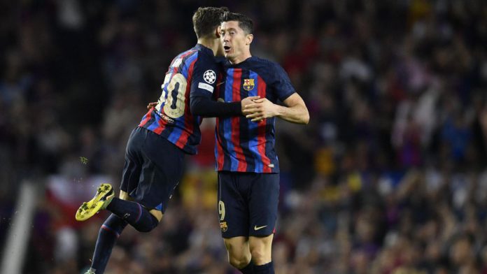 Barcelona's Polish forward Robert Lewandowski (R) celebrates scoring his team's second goal during the UEFA Champions League 1st round, group C, football match between FC Barcelona and Inter Milan at the Camp Nou stadium in Barcelona on October 12, 2022. Image credit: Getty Images Barcelona's Polish forward Robert Lewandowski (R) celebrates scoring his team's second goal during the UEFA Champions League 1st round, group C, football match between FC Barcelona and Inter Milan at the Camp Nou stadium in Barcelona on October 12, 2022. Image credit: Getty Images