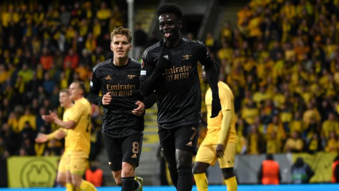 Bukayo Saka of Arsenal celebrates scoring their side's first goal during the UEFA Europa League group A match between FK Bodo/Glimt and Arsenal FC at Aspmyra Stadion on October 13, 2022 in Bodo, Norway. Image credit: Getty Images Bukayo Saka of Arsenal celebrates scoring their side's first goal during the UEFA Europa League group A match between FK Bodo/Glimt and Arsenal FC at Aspmyra Stadion on October 13, 2022 in Bodo, Norway. Image credit: Getty Images