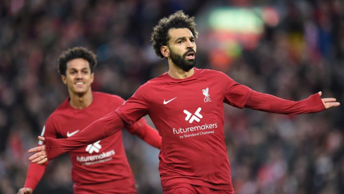 Mohamed Salah of Liverpool celebrates after scoring the first goal during the Premier League match between Liverpool FC and Manchester City at Anfield on October 16, 2022 in Liverpool, England. (Photo by John Powell/Liverpool FC via Getty Images) Image credit: Getty Images Mohamed Salah of Liverpool celebrates after scoring the first goal during the Premier League match between Liverpool FC and Manchester City at Anfield on October 16, 2022 in Liverpool, England. (Photo by John Powell/Liverpool FC via Getty Images) Image credit: Getty Images