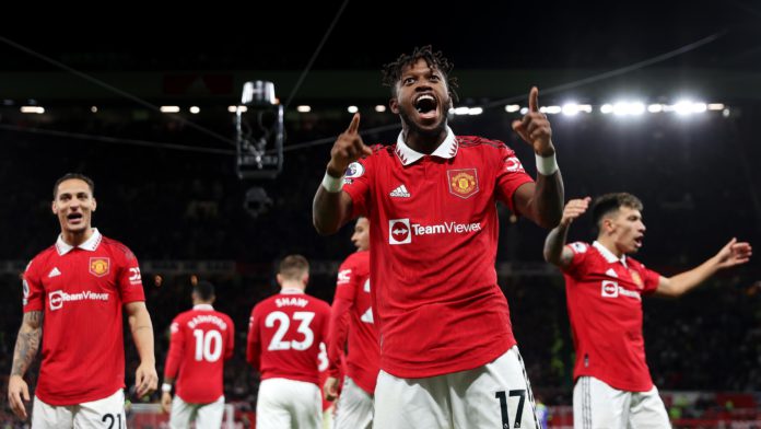 Fred of Manchester United celebrates after scoring their sides first goal during the Premier League match between Manchester United and Tottenham Hotspur at Old Trafford on October 19, 2022 in Manchester, England. Image credit: Getty Images Fred of Manchester United celebrates after scoring their sides first goal during the Premier League match between Manchester United and Tottenham Hotspur at Old Trafford on October 19, 2022 in Manchester, England. Image credit: Getty Images