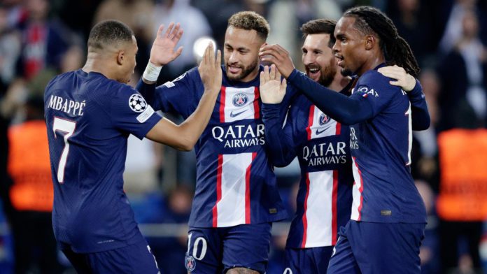Lionel Messi of Paris Saint-Germain celebrates 4-1 with Neymar Jr, Renato Sanches and Kylian Mbappe Image credit: Getty Images Lionel Messi of Paris Saint-Germain celebrates 4-1 with Neymar Jr, Renato Sanches and Kylian Mbappe Image credit: Getty Images