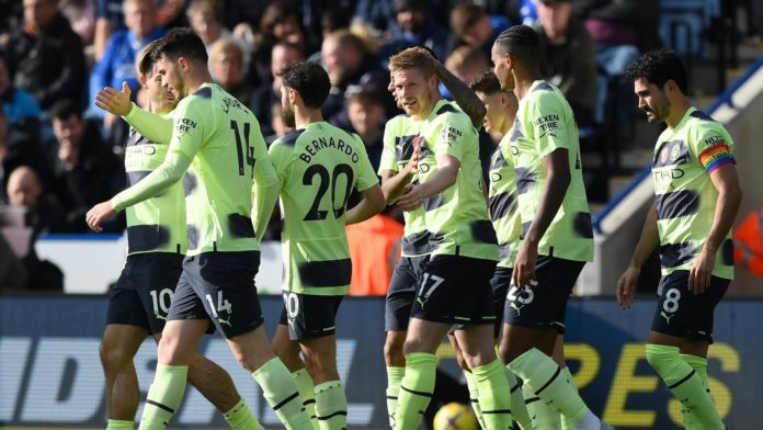 LEICESTER, ENGLAND - OCTOBER 29: Kevin De Bruyne of Manchester City celebrates with teammates after scoring their team's first goal during the Premier League match between Leicester City and Manchester City at The King Power Stadium on October 29, 2022 in Image credit: Getty Images LEICESTER, ENGLAND - OCTOBER 29: Kevin De Bruyne of Manchester City celebrates with teammates after scoring their team's first goal during the Premier League match between Leicester City and Manchester City at The King Power Stadium on October 29, 2022 in Image credit: Getty Images