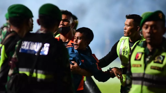 Indonesian police at the football match in Malang