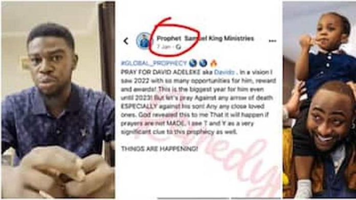 A video of a clergyman named Prophet Samuel King goes viral online as he claims to have predicted the death of Davido's first son, Ifeanyi. Photo credit: @davido/@prophetsamuelking ministries A video of a clergyman named Prophet Samuel King goes viral online as he claims to have predicted the death of Davido's first son, Ifeanyi. Photo credit: @davido/@prophetsamuelking ministries
