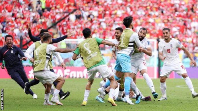 Iran celebrate Rouzbeh Cheshmi's goal Iran celebrate Rouzbeh Cheshmi's goal
