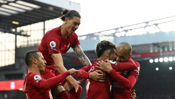 Roberto Firmino of Liverpool celebrates after scoring the first goal during the Premier League match between Liverpool FC and Southampton FC at Anfield on November 12, 2022 in Liverpool, England Image credit: Getty Images Roberto Firmino of Liverpool celebrates after scoring the first goal during the Premier League match between Liverpool FC and Southampton FC at Anfield on November 12, 2022 in Liverpool, England Image credit: Getty Images