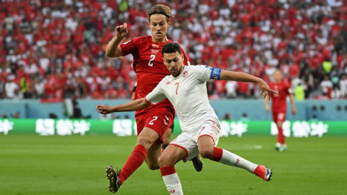 Tunisia's forward Youssef Msekni (R) and Denmark's defender Joachim Andersen fight for the ball during the Qatar 2022 World Cup Group D football match between Denmark and Tunisia at the Education City Stadium in Al-Rayyan, west of Doha on November 22, 202 Image credit: Getty Images Tunisia's forward Youssef Msekni (R) and Denmark's defender Joachim Andersen fight for the ball during the Qatar 2022 World Cup Group D football match between Denmark and Tunisia at the Education City Stadium in Al-Rayyan, west of Doha on November 22, 202 Image credit: Getty Images