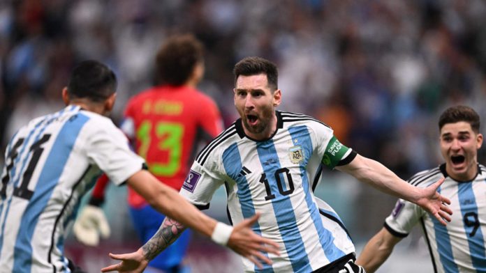 Argentina's forward #10 Lionel Messi celebrates scoring the opening goal with his teammate Argentina's midfielder #11 Angel Di Maria during the Qatar 2022 World Cup Group C football match between Argentina and Mexico at the Lusail Stadium in Lusail, north Image credit: Getty Images Argentina's forward #10 Lionel Messi celebrates scoring the opening goal with his teammate Argentina's midfielder #11 Angel Di Maria during the Qatar 2022 World Cup Group C football match between Argentina and Mexico at the Lusail Stadium in Lusail, north Image credit: Getty Images