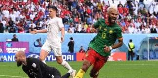 Eric Maxim Choupo-Moting of Cameroon celebrates after scoring their team's third goal during the FIFA World Cup Qatar 2022 Group G match between Cameroon and Serbia at Al Janoub Stadium on November 28, 2022 in Al Wakrah, Qatar. (Photo by Stu Forster/Getty Image credit: Getty Images