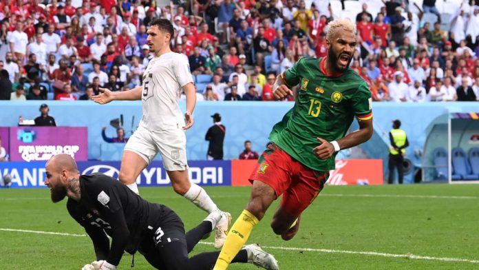 Eric Maxim Choupo-Moting of Cameroon celebrates after scoring their team's third goal during the FIFA World Cup Qatar 2022 Group G match between Cameroon and Serbia at Al Janoub Stadium on November 28, 2022 in Al Wakrah, Qatar. (Photo by Stu Forster/Getty Image credit: Getty Images Eric Maxim Choupo-Moting of Cameroon celebrates after scoring their team's third goal during the FIFA World Cup Qatar 2022 Group G match between Cameroon and Serbia at Al Janoub Stadium on November 28, 2022 in Al Wakrah, Qatar. (Photo by Stu Forster/Getty Image credit: Getty Images