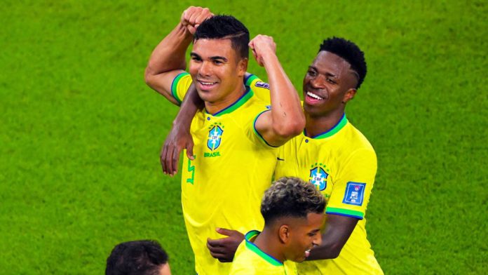 Casemiro (5) of Brazil celebrates with teammates after scoring to make it 1-0 during the FIFA World Cup Qatar 2022 Group G match between Brazil and Switzerland at Stadium 974 on November 28, 2022 in Doha, Qatar Image credit: Getty Images Casemiro (5) of Brazil celebrates with teammates after scoring to make it 1-0 during the FIFA World Cup Qatar 2022 Group G match between Brazil and Switzerland at Stadium 974 on November 28, 2022 in Doha, Qatar Image credit: Getty Images